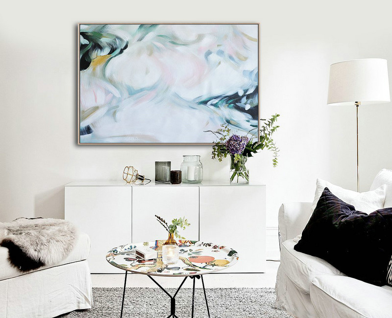 Original Artwork Extra Large Abstract Painting,Oversized Horizontal Abstract Art,Modern Wall Decor,White,Pink,Black,Green.etc